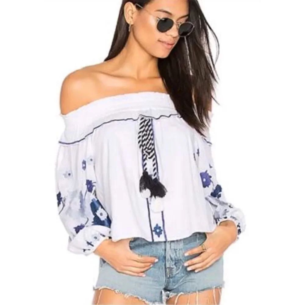 MISA Los Angeles Floral Embroidered off Shoulder Top Shirt White Blue Sz Small